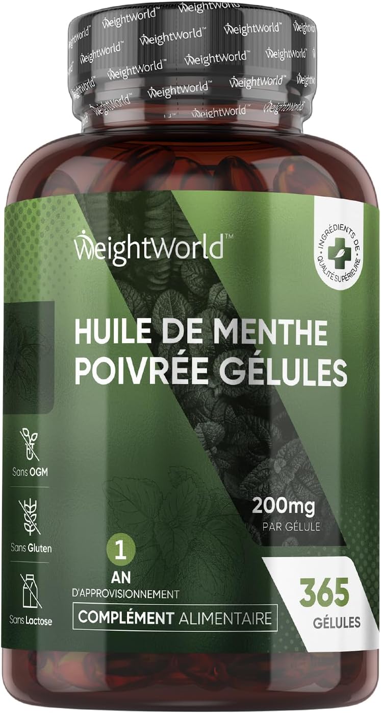 Huile De Menthe Poivrée 200mg 365 Gélules - Forte Absorption & Douce Pour l'Estomac - Gélules Multi Usages À Action Rapide Huile Essentielle de Menthe Poivrée, Pure & Naturelle - Confort & Bien-Être