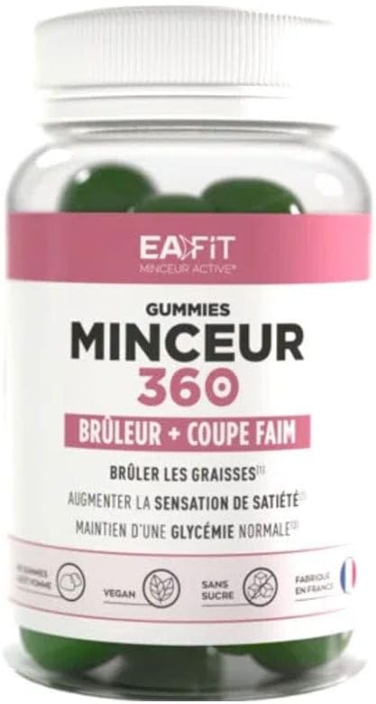 MINCEUR 360 Gummies EAFIT - Coupe faim et bruleur - Réduit les sensations de faim - Brûleur de graisses - Contient du Chrome, Nopal et Cola - Goût pomme sans sucre - 60 gummies - Fabriqué en France Gummies minceur