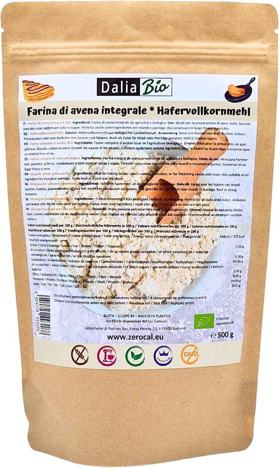 Dalia - Farine Complète d'Avoine Bio 500g - Sans Gluten - Riche en Fibres & Protéines - Origine Italie - Pour Pain, Gâteaux, Porridge et Recettes Santé - Qualité Premium