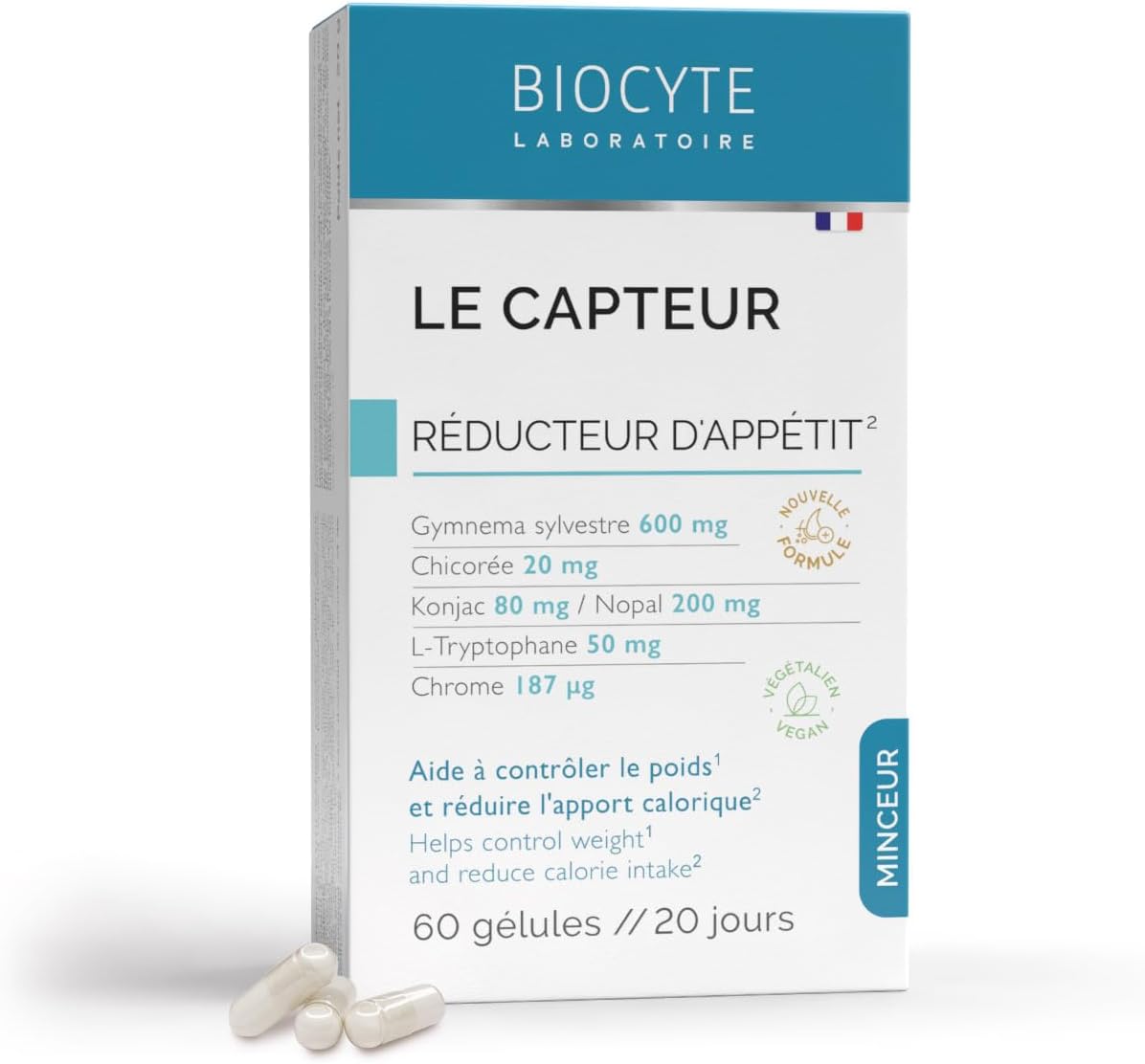 BIOCYTE Le Capteur - Complement Alimentaire Coupe Faim - Konjac, Gymnema Sylvestre, Chrome, Vitamine B1-60 gélules - Programme de 20 Jours