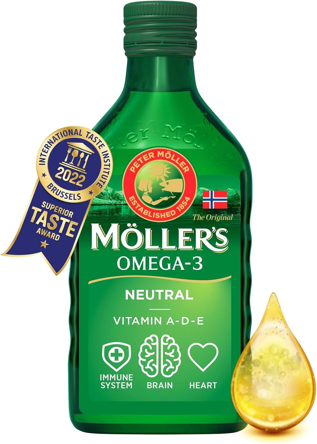 Moller’s ® - Huile de foie de morue oméga 3 - Compléments alimentaires oméga-3 avec EPA, DHA, vitamines A, D et E - Prix Superior Taste - Marque vieille de 166 ans - Neutre - 250 ml Neutre 250 ml (Lot de 1)