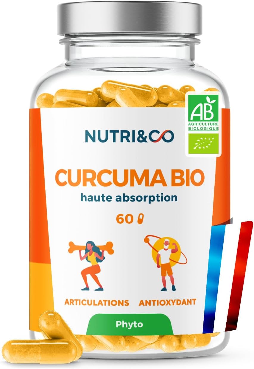NUTRI & CO Curcuma BIO Gélules - Brevet Français TurmiPure Gold® Haute Absorption 300mg - Sans Pipérine ni Poivre Noir - Antioxydant Naturel & Articulations - 60 Capsules Vegan - Fabriqué en France