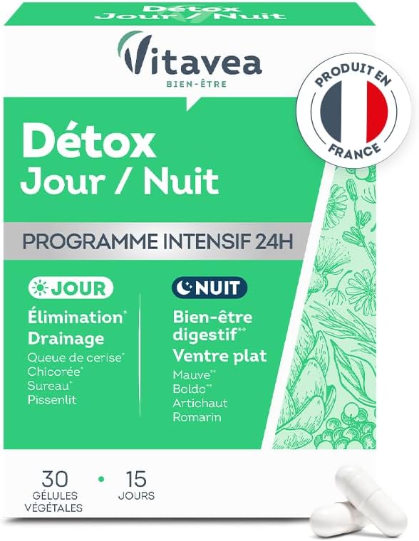 VITAVEA BIEN-ETRE - Complément alimentaire Détox 24h Jour & Nuit - Elimination Digestion Drainage - Sureau Chlorella Curcuma Bouleau Queue de cerise Artichaut - 30 comprimés - Fabriqué en France Complexe 8 actifs
