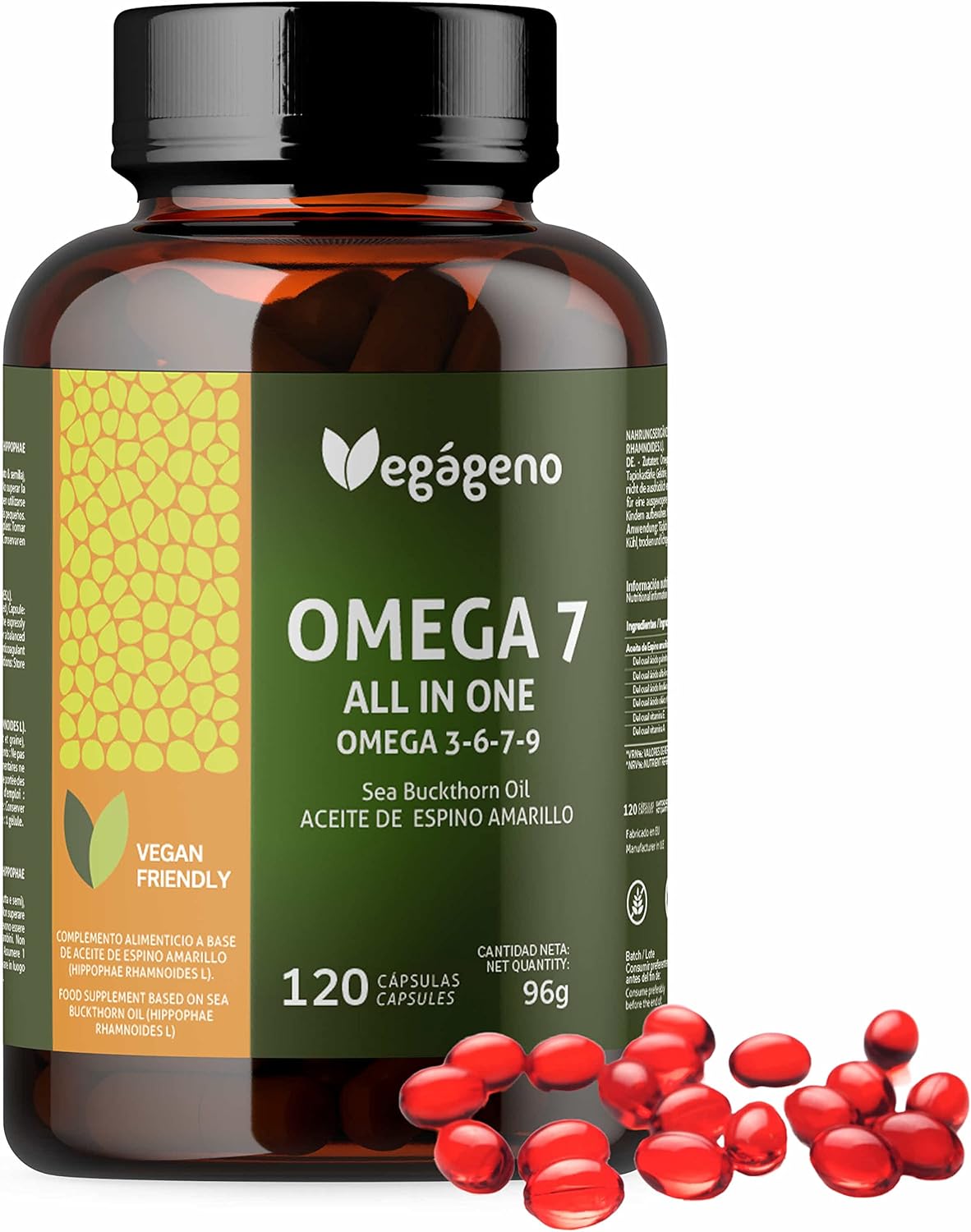 Omega 7 VEGAN – Huile d’argousier VEGAGENO avec Oméga 3 6 7 9, acide palmitoléique, vitamine E naturelle - 120 gélules végétaliennes - Non OGM - Sans gluten - Complément 100% végétal.