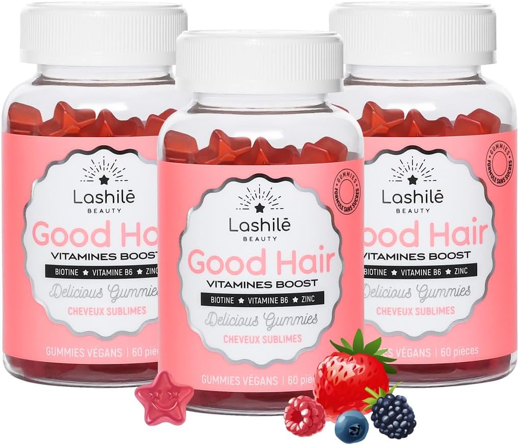 Good Hair Vitamins - Pousse Croissance & Fortification des cheveux - Compléments Alimentaires - Made in France - Biotine, Zinc, Vitamine B8, C, B6 - Cure 3 mois - 180 Gummies 3 unité (Lot de 1)