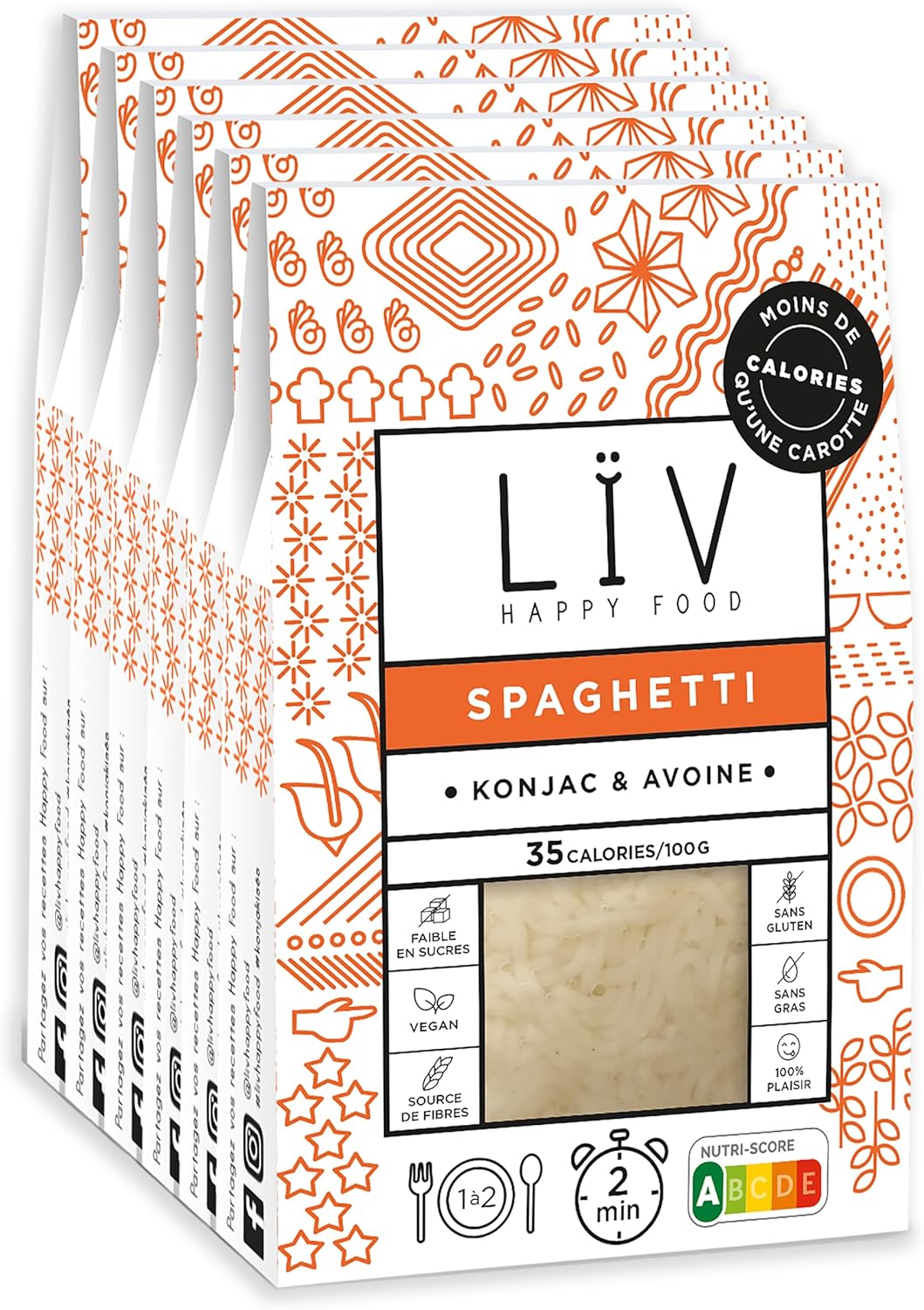 LÏV Happy Food - Spaghettis de Konjac - Pâtes sans gluten - Pâte Konjac - Vegan, Gluten Free, Faible en calorie - Box de 6 paquets x 200g
