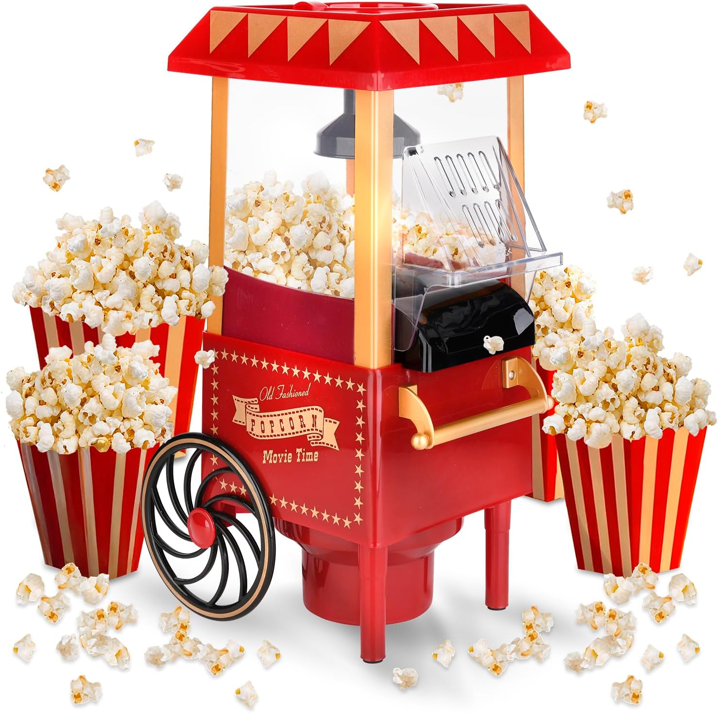 Machine Pop Corn Rétro 1.200W à Air Chaud - Machine à Popcorn Électrique Sans Huile, 0.3L, Prête en 2 Min, Compacte et Vintage, Idéale pour la Maison (Rouge)