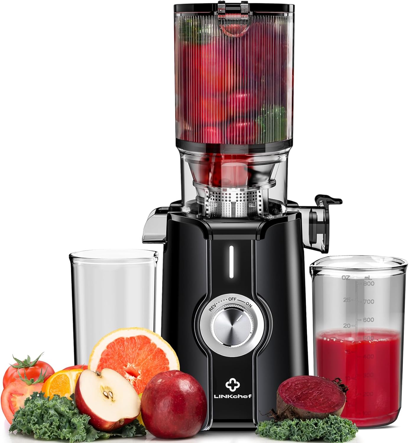 Sans Préparation Extracteur de Jus Vertical, Nettoyage Rapide Extracteur de Jus Lent, 115mm Machine a Jus de Fruit Extracteur Entiers, Facile à installer, LINKChef 1.2L, 200w, Noir