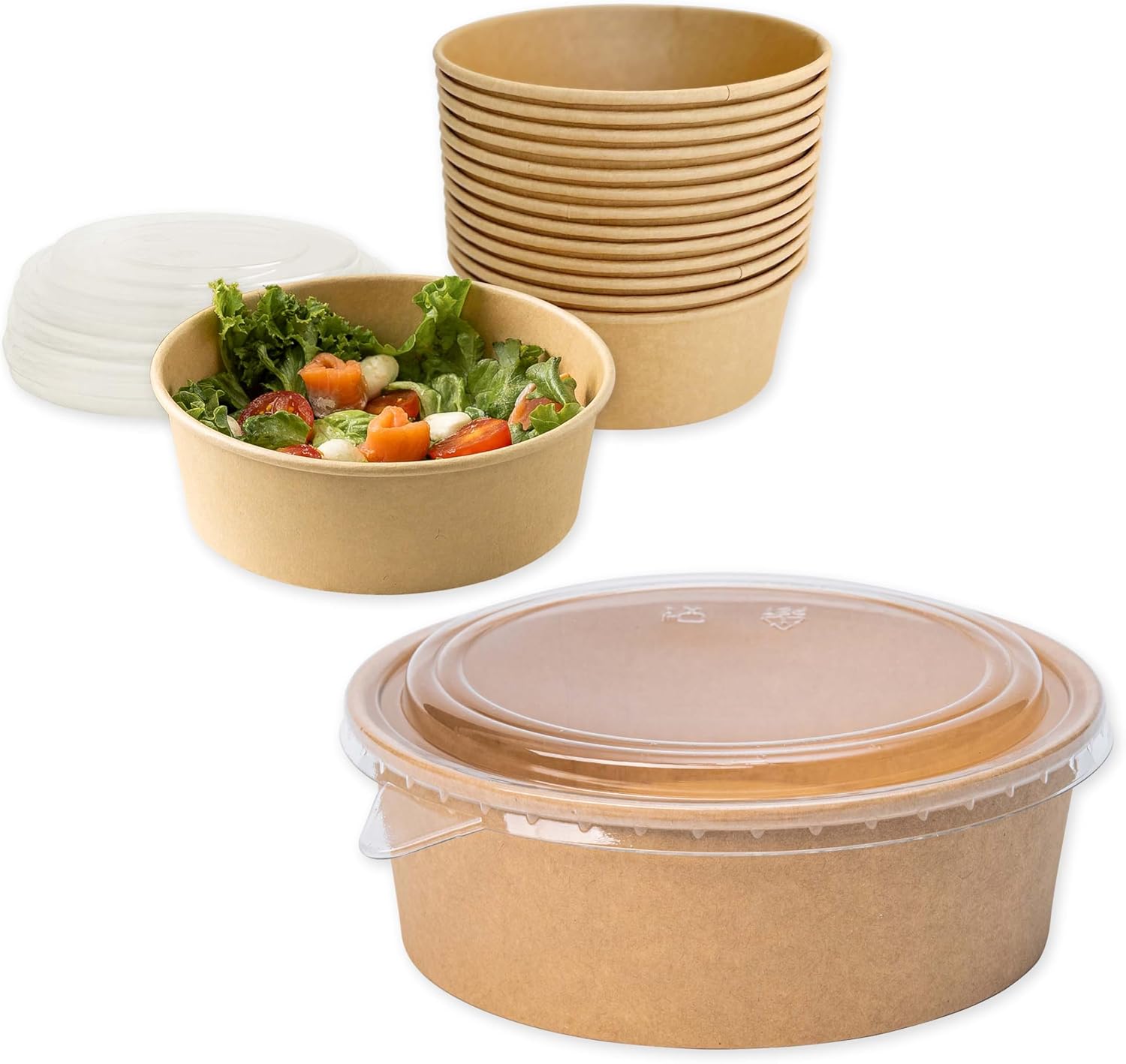 ECOPICNIC Lot de 300 saladiers en PP avec Couvercle, 1300 ML - Barquettes Alimentaires jetables pour salades, Repas à emporter, Contenant écologique pour Poke Bowls, Plats Chauds ou froids 300 1300 ml