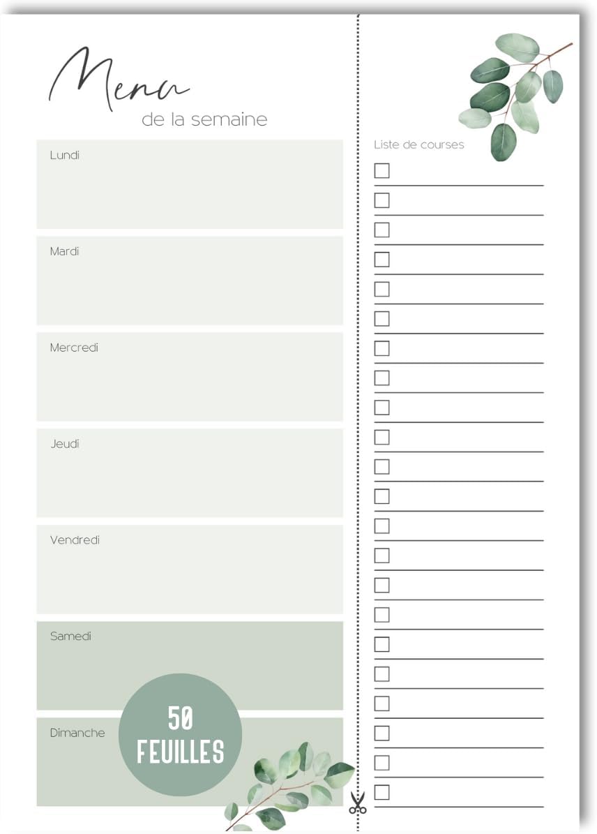 Mon planificateur de menus - Bloc de planification des repas A5 Eucalyptus de repas 50 feuilles - Plan de menus pour la famille, les amis, la colocation, le régime - Bloc DIN A5 (Eucalyptus) Vert Eucalyptus
