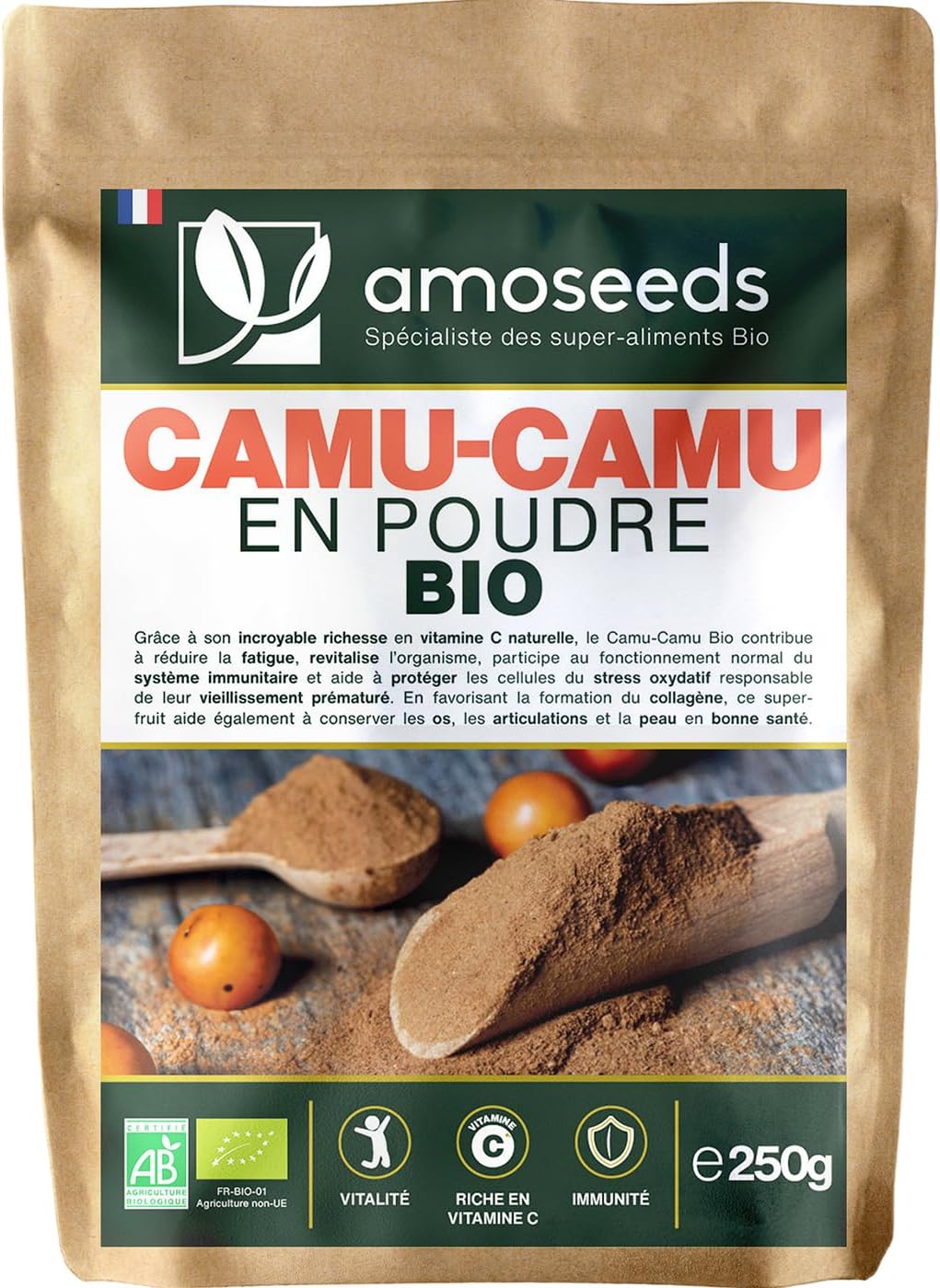 Camu-camu en poudre BIO 250G - 125% apports en Vitamine C - 100% Naturel et Pur - Immunité, Vitalité, Antioxydant - Sans OGM, sans Conservateurs - Qualité Supérieure