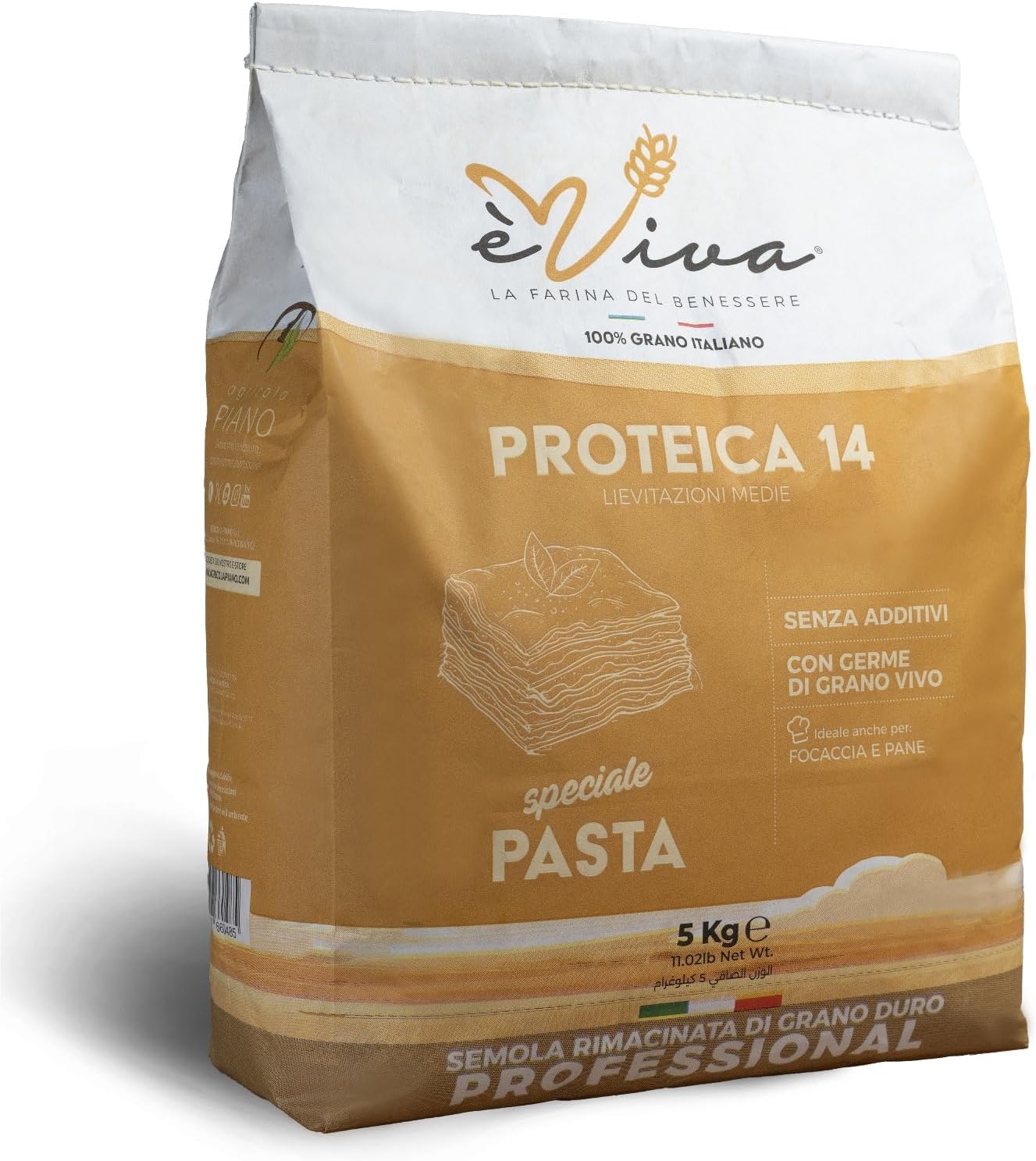 Agricola Piano – Proteica 14 - Semoule Remoulue de Blé Dur avec Germe 5 kg, Semoule italienne, Protéinée, pour Haute Hydratation - Idéale pour Pâtes et Pain - èViva