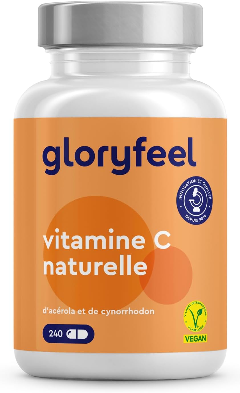 Vitamine C Pure 240 Capsules, Vitamine C Naturelle Acérola et Églantier, 400mg de Vitamine C Pure par Portion Quotidienne, 100% Végétalien, Défense de le Système Immunitaire, Réduit la Fatigue*