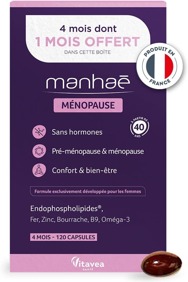 Manhaé-Complément Alimentaire Ménopause Pré-Ménopause Sans Hormones-Confort & bien-être -Acide Folique, Omega 3, Zinc, Fer-120 gélules - Cure de 4 mois-Fabriqué en France