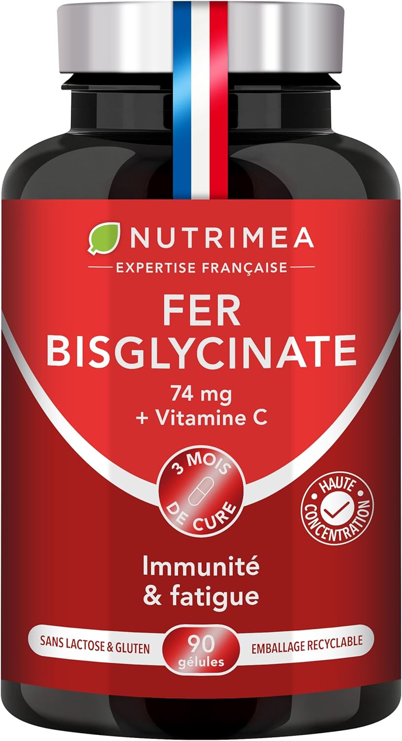 FER Bisglycinate + Vitamine C - 14 mg de Fer/Gélule - Procure 100% des Besoins Journaliers - Absorption & Biodisponibilité Maximales - Nutrimea - 90 Gélules Vegan - Fabriqué en France