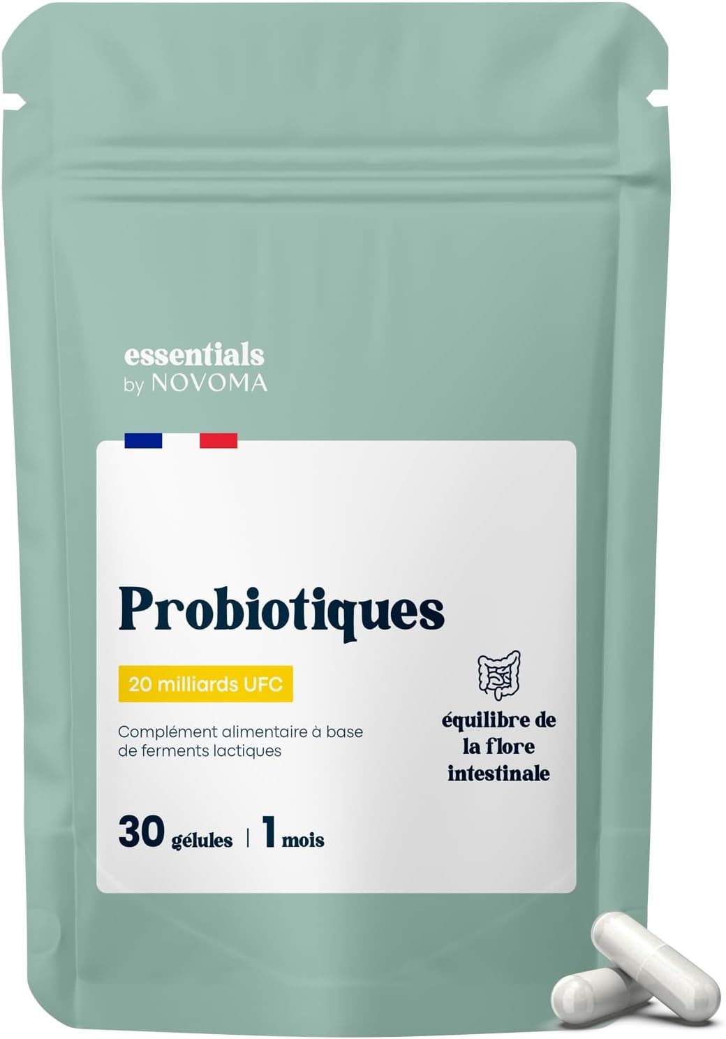 Probiotique Flore Intestinale, 20 Milliards UFC/Jour, Probiotiques Lactobacillus Gasseri + Rhamnosus + Bifidobacterium, Équilibre du Microbiote, 30 Gélules Vegan, Fabriqué en France Probiotiques - Essentials By Novoma