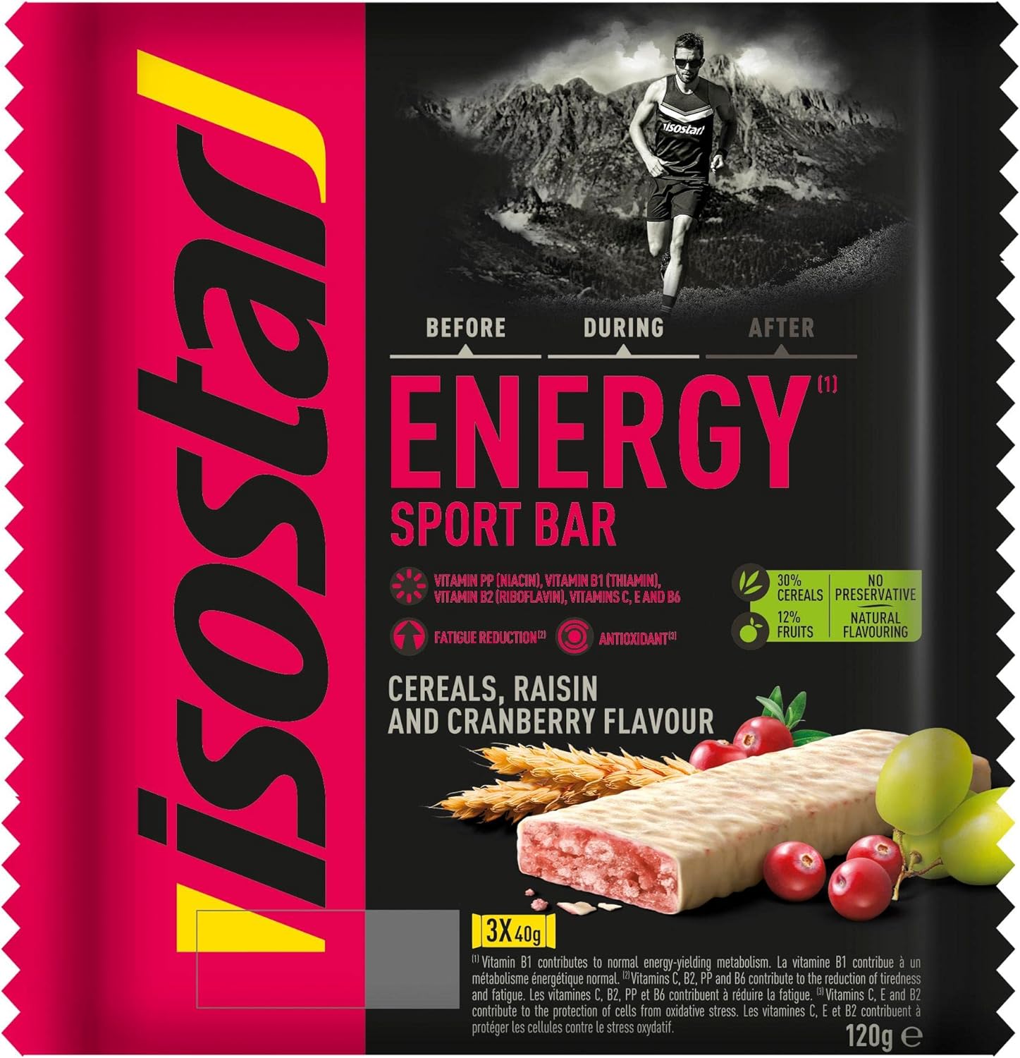 Isostar - Barres Energy Sport Saveur Céréales et Cranberry - Barres Énergétiques Source de Glucides - Encas Sain Pour Sportifs - Réduit la Fatigue - 1 Paquet de 3 Barres de 40 g - 3 x 40g
