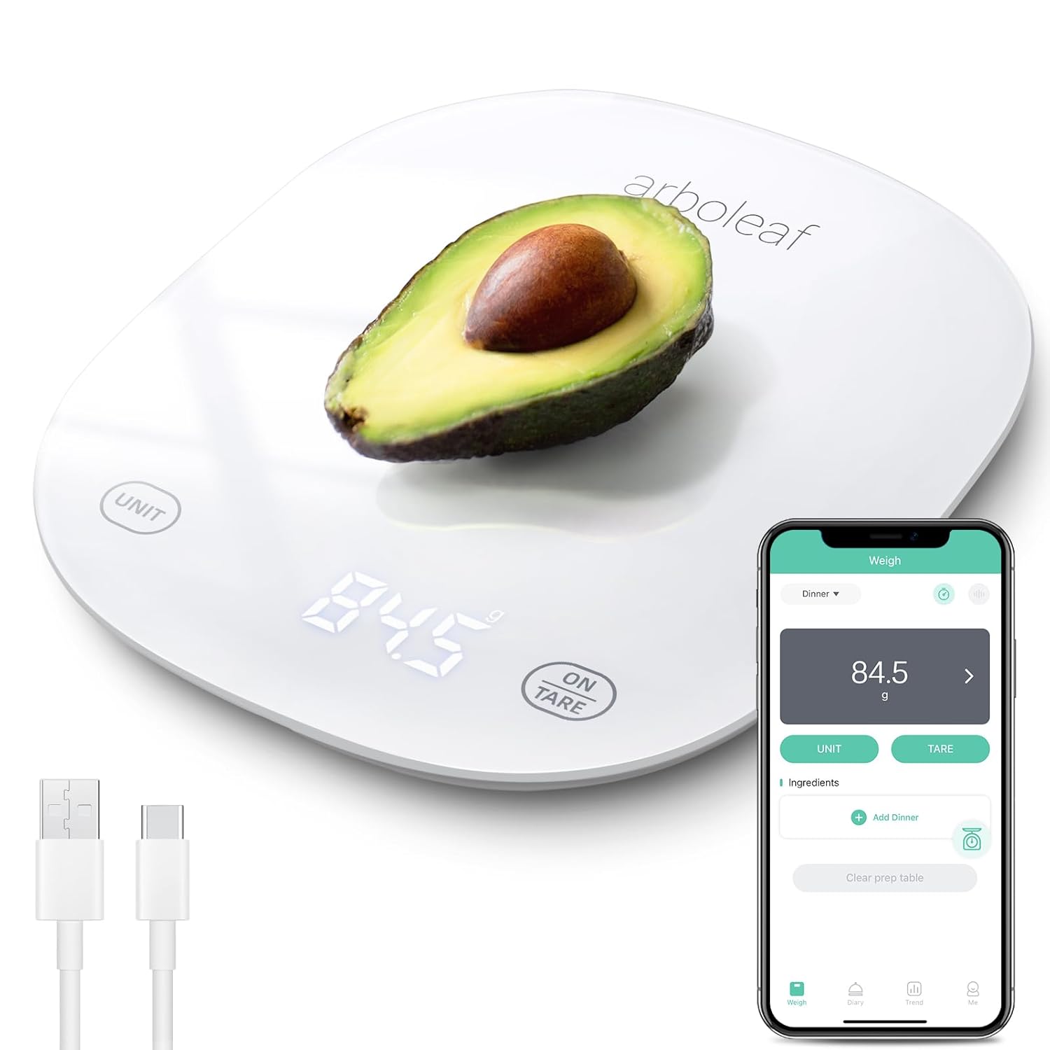 Balance de cuisine numérique, balance de cuisine avec calculatrice de nutrition, balance de cuisine intelligente avec fonction de tare, rechargeable par USB, 5 kg, blanc