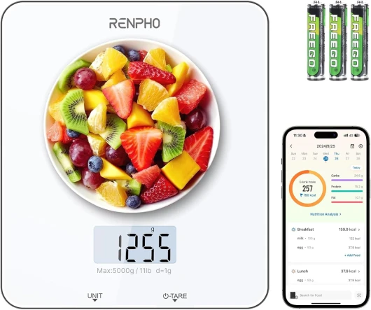 Balance de Cuisine Numérique RENPHO, Balance électronique pour La Cuisson et le Café, Appareil de Balance de Cuisson pour Céto, Macro, Calories et Perte de Poids avec Application pour Smartphone 192x167mm Blanc-Cuisine