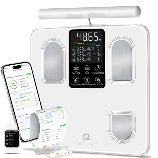 Balance impédancemètre, balance pese personne connectée - Pèse personne avec mesure de masse grasse et musculaire, balance à 8 électrodes avec App & 27 Données de mesure-180kg Blanc avec un grand écran
