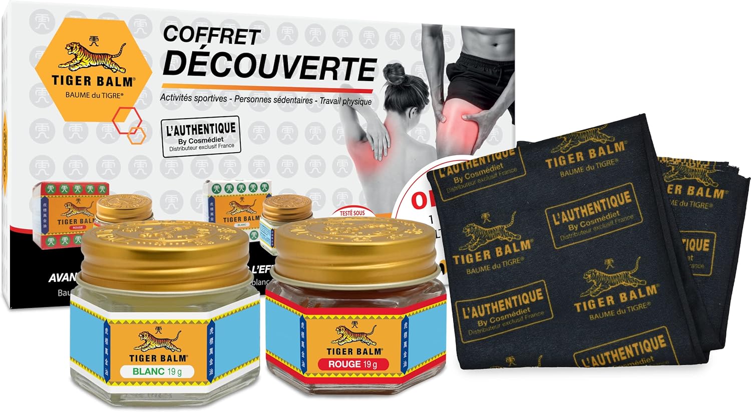 Coffret Découverte - Baumes à effet chauffant et effet froid - Pour sportifs ou au quotidien, en massage - 1 baume Rouge 19 g, 1 baume Blanc 19 g, 1 écharpe multifonctions offerte