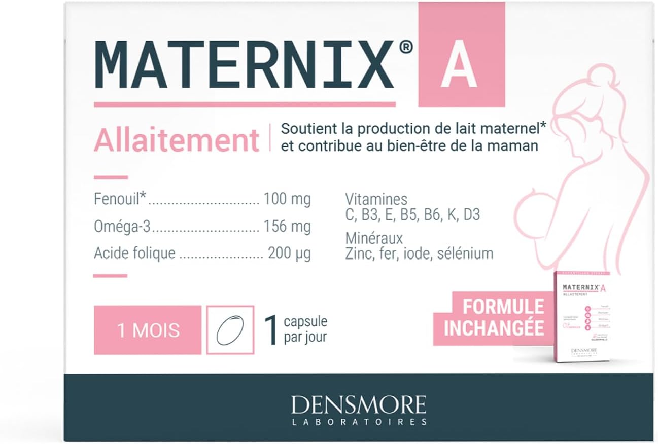 Maternix A - Complément Alimentaire Allaitement - 100% des Apports Nutritionnels - Vitamine C, D3 et E, Oméga 3, Zinc - 30 Capsules - Cure de 1 mois - Fabriqué en Europe
