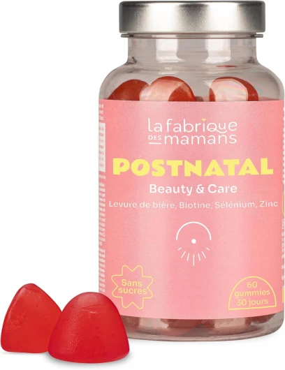 Postpartum - 60 Gummies vegan sans sucres - Complément Alimentaire - Biotine - Croissance Pousse et Renforcement des Cheveux - Régénération de la Peau - Fabriqué en France - La Fabrique des Mamans.