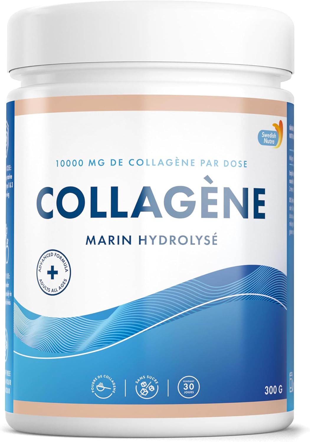 Complément alimentaire poudre collagène marin hydrolysé 10 000 mg - 300 g 30 jours d'approvisionnement Pepti 100% pur pour cheveux peau ongles et articulations Sans arôme Sans sucre 300gr
