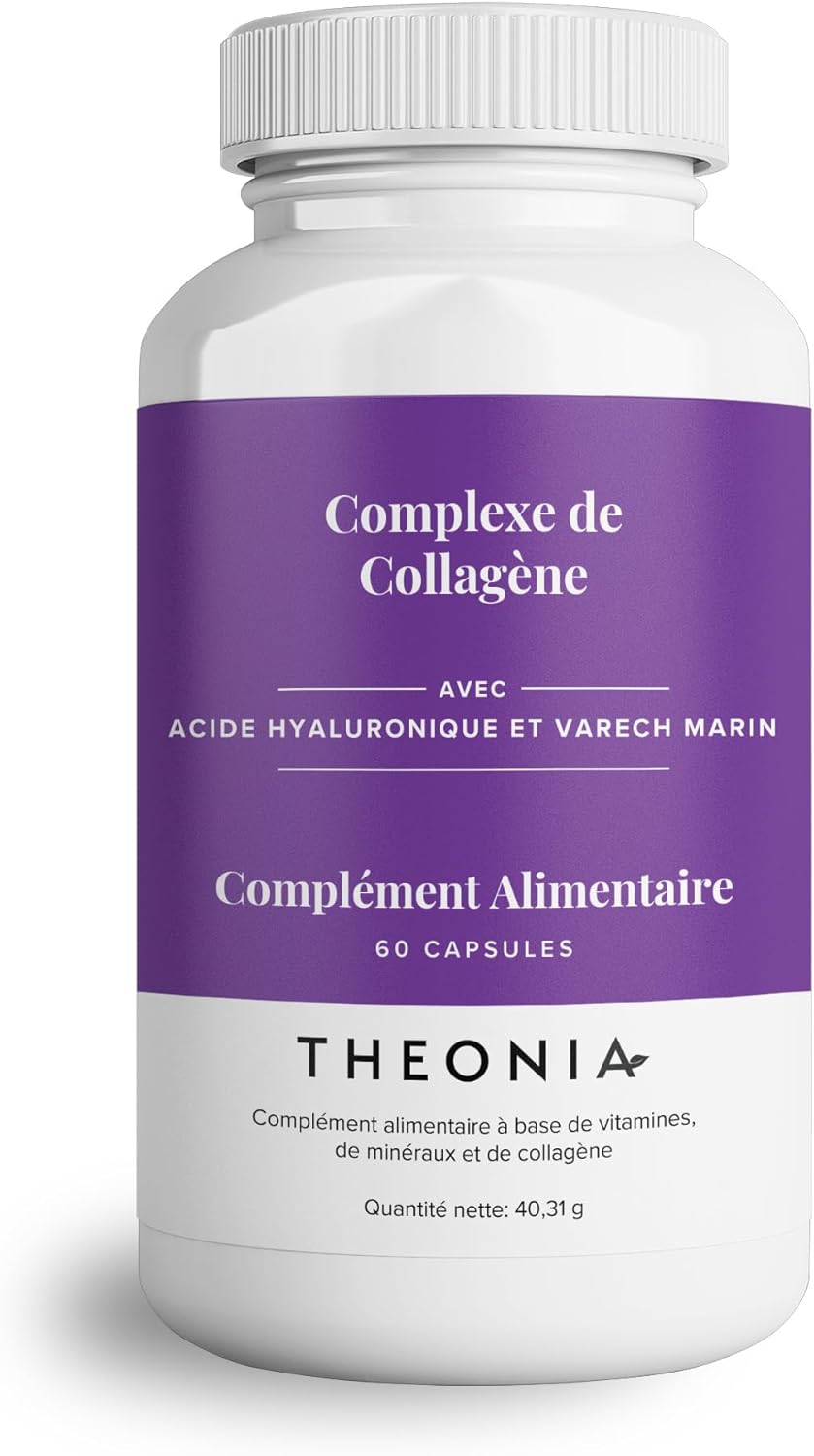 Complexe de collagène Theonia 60 capsules, acide hyaluronique et varech marin, vitamine E, C, biotine, ongles sains, peau, métabolisme des articulations des cheveux, supplément marin de type 1 60 Pièces (Pacquet de 1)