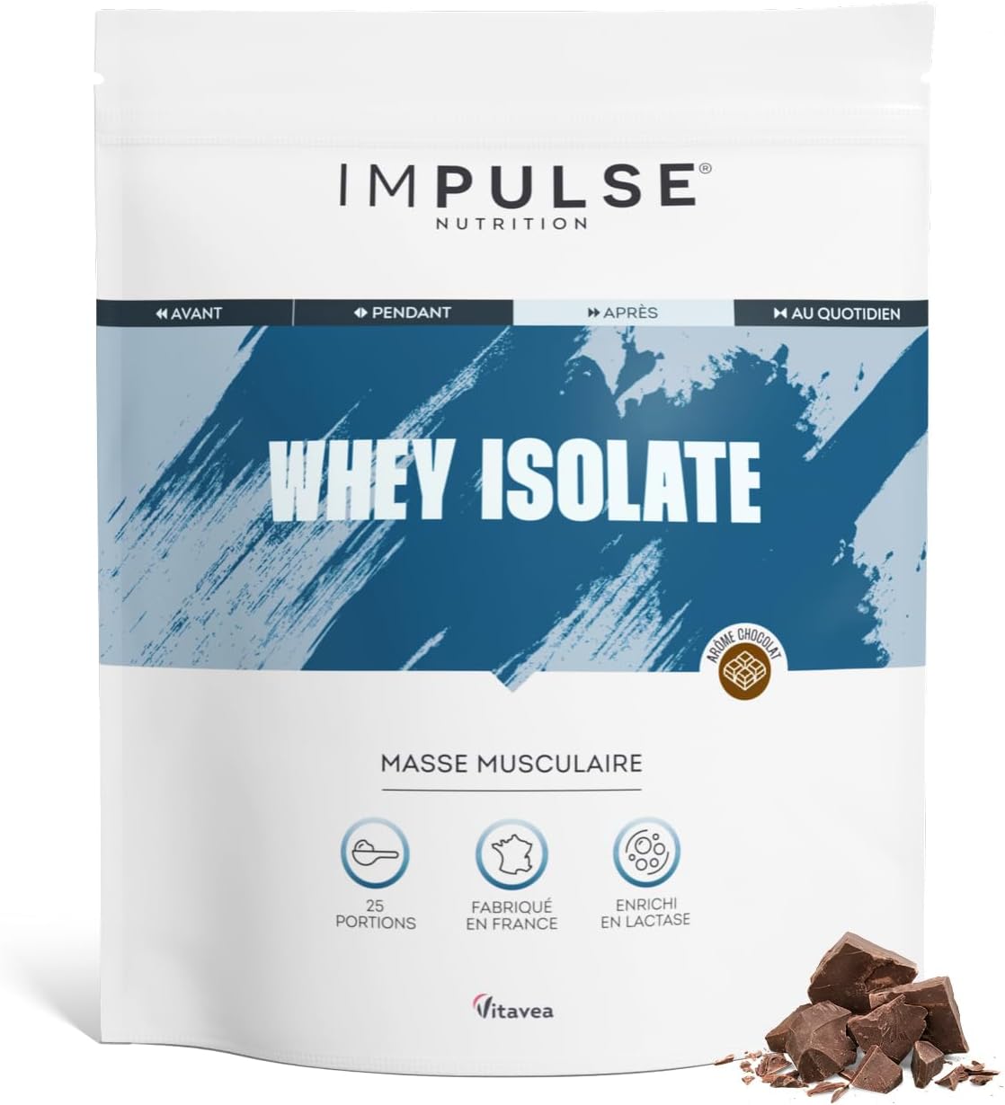 Whey Isolate Chocolat - Protéines et BCAA - 25g Protéines/Portion - Digestion Facilitée - Faible en Sucres - Boisson Récupération - Sport et Performance - 750g - Fabriqué en France - IMPULSE NUTRITION