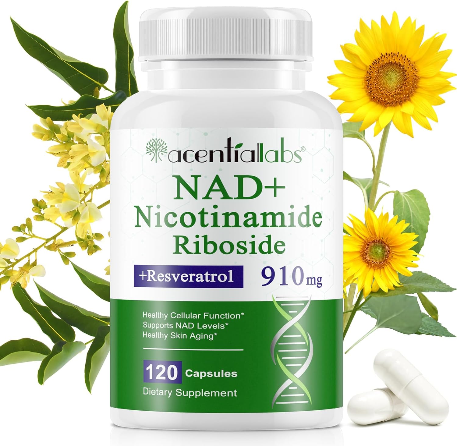 Capsules liposomales NAD+ avec resvératrol et quercétine - Booster de NAD 910 mg, capsules molles, complément NAD+ 120 capsules - Pour un regain d'énergie cellulaire et un soutien cutané - Végan