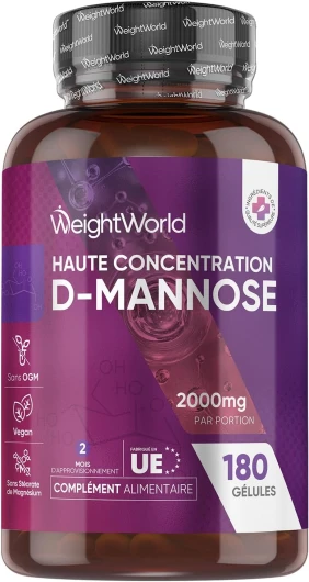 D-Mannose Gélules 2000mg, 180 Gélules Vegan, Alternative à D Mannose Poudre, Extrait de Fruits Naturels, 2 Mois d'Approvisionnement, sans Stéarate de Magnésium, sans OGM et sans Gluten