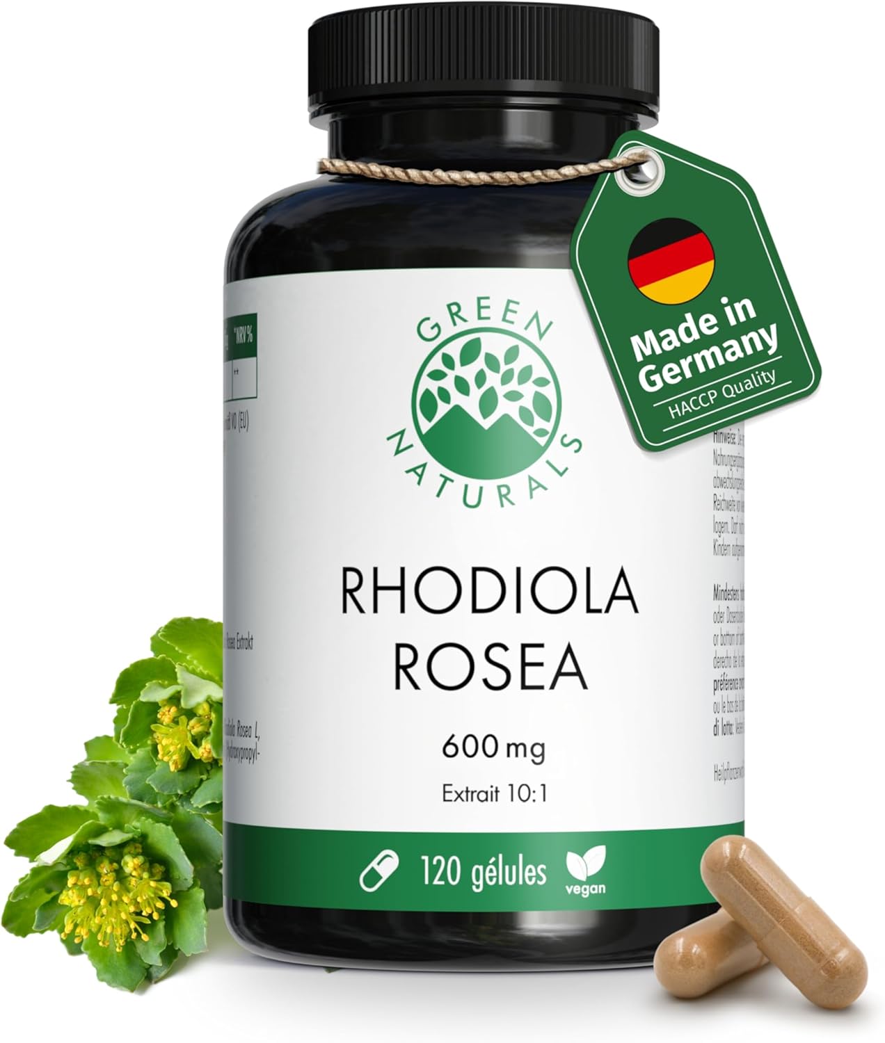 Gélules de Rhodiola Rosea - Haute dose : 600 mg par gélule - 4 mois d'approvisionnement (120 gélules) - Racine de rose - Green Naturals®
