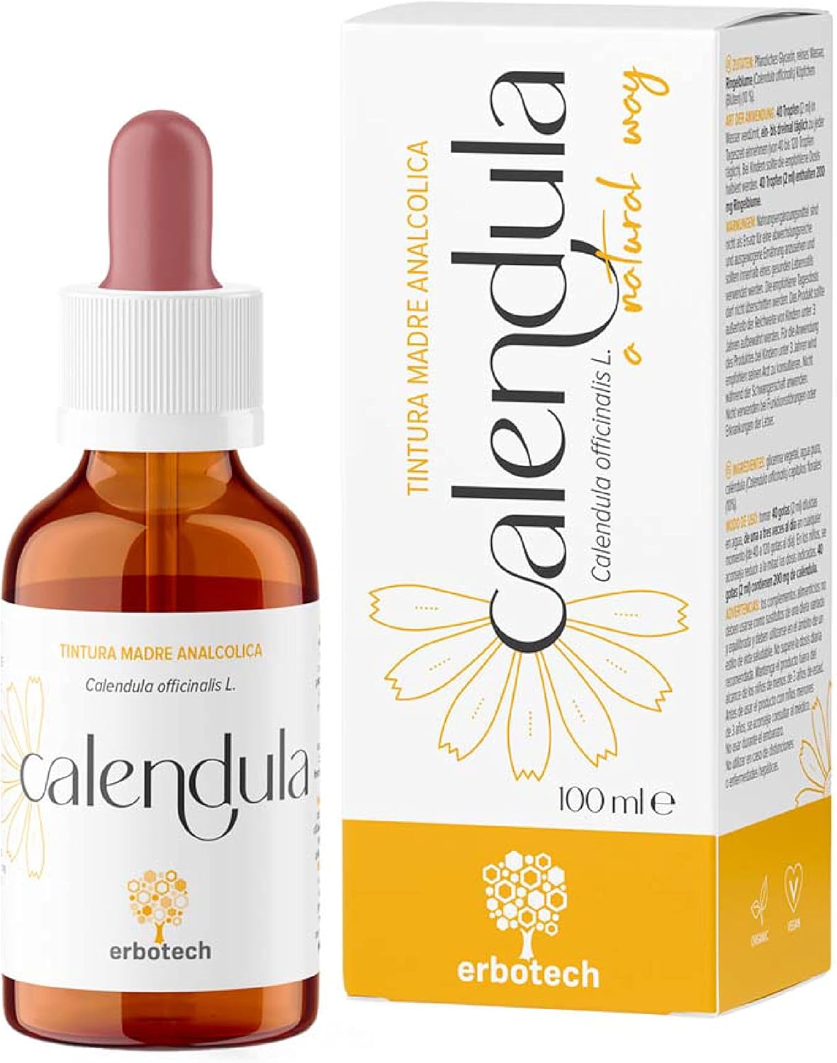 , Teinture Mère de Calendula, Teinture Mère Sans Alcool à Goutte à Diluer dans l’Eau, Végétalien, Non Dérivé de Plantes OGM, Made in Italy, 100 ml