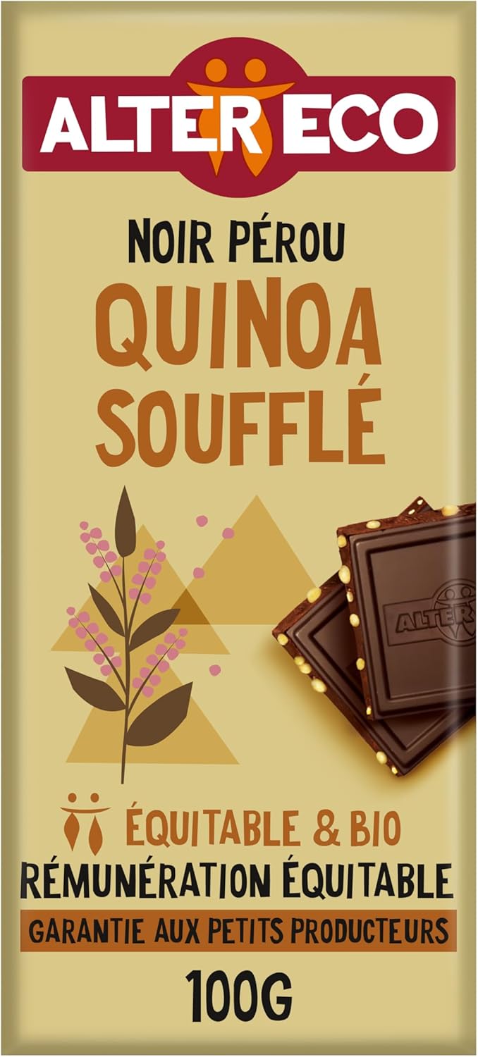 Tablette Chocolat Noir au Quinoa Soufflé - Bio & Équitable - Origine Pérou - 100 g