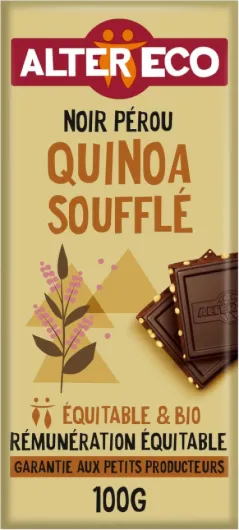 Tablette Chocolat Noir au Quinoa Soufflé - Bio & Équitable - Origine Pérou - 100 g