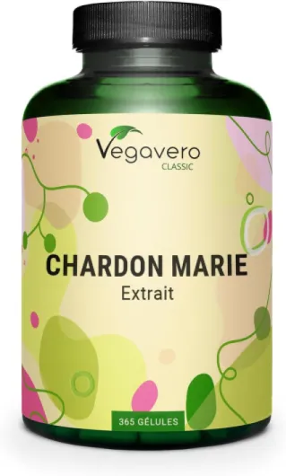 Chardon Marie Vegavero® - 365 Gélules - Avec 80% Silymarine + 30% Silybine - Sans Additifs - Dépuratif Foie Naturel + Digestion - VEGAN 365 unité (Lot de 1)