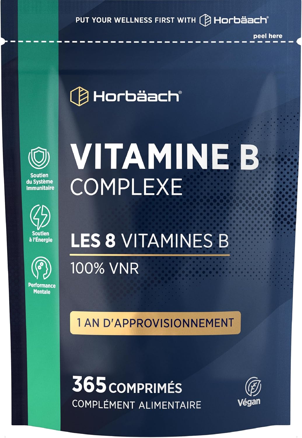 Vitamine B Complex - 365 Micro-Comprimés Vegan pour 1 An - Complexe de Vitamine B1, B2, B3, B6, B12 Acide Folique et Choline - Complément Alimentaire Défenses Immunitaires - Horbaach