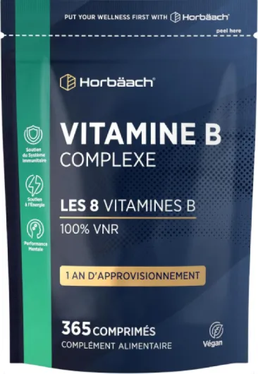 Vitamine B Complex - 365 Micro-Comprimés Vegan pour 1 An - Complexe de Vitamine B1, B2, B3, B6, B12 Acide Folique et Choline - Complément Alimentaire Défenses Immunitaires - Horbaach