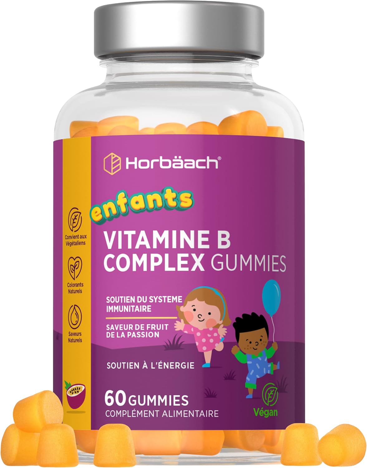 Vitamine B Complex Enfants - 60 Gummies Vegan - Vitamine Groupe B - Vitamines B2 B3 B5 B6 e B12 - Complément Alimentaire Avec Acide Folique, Biotine et Zinc - par Horbaach