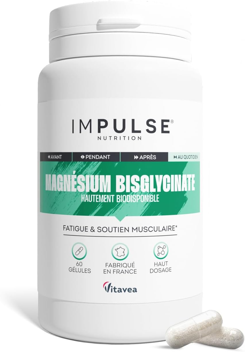 Magnésium Bisglycinate - Vitamine B6 - Fatigue, Énergie & Récupération - Haute Absorption - Complément Alimentaire - 60 Gélules - Fabriqué en France - IMPULSE NUTRITION