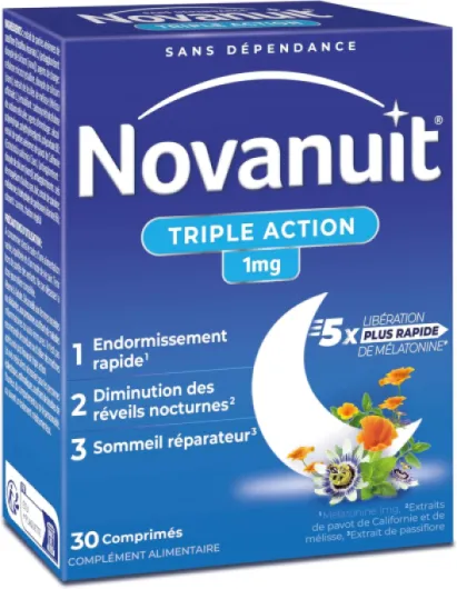 TRIPLE ACTION – Mélatonine 1mg Plantes Vitamine B6 – Complément Alimentaire – Endormissement – Réveils nocturnes –Sommeil réparateur – 30 comprimés – Réservé à l’adulte