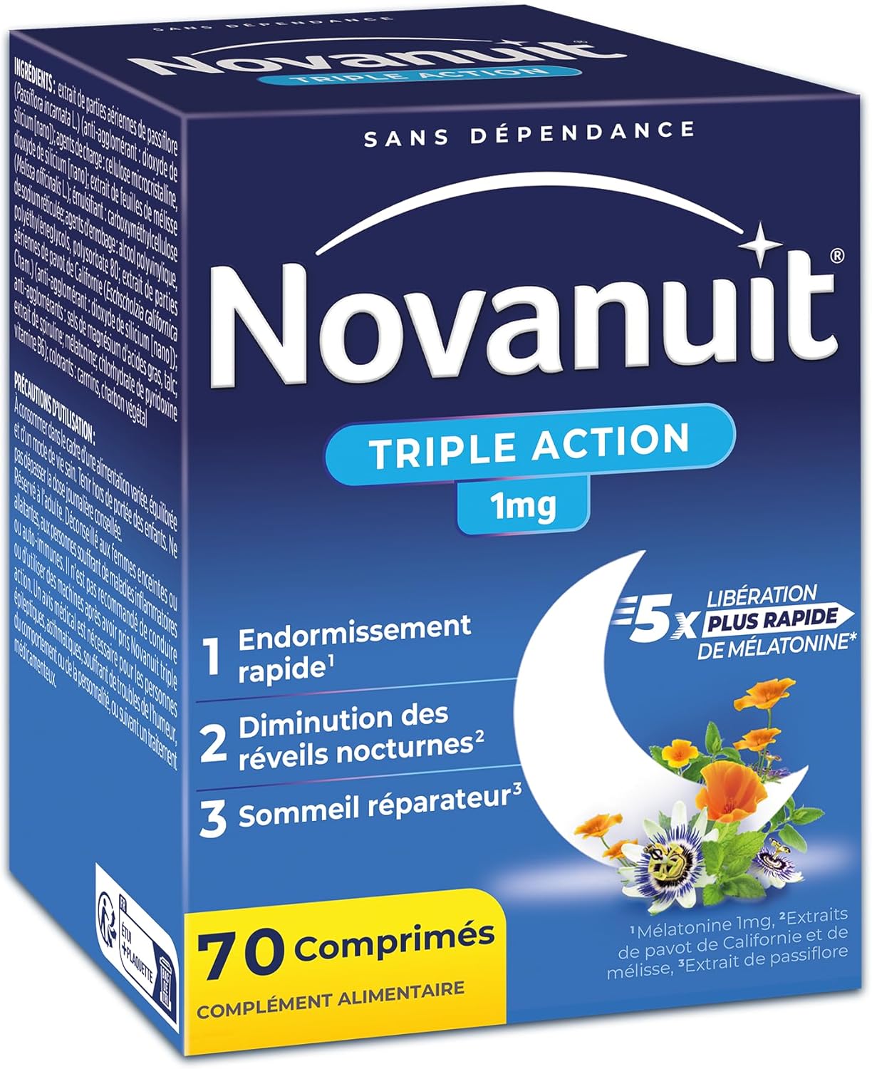 TRIPLE ACTION – Mélatonine 1mg Plantes Vitamine B6 – Complément Alimentaire – Endormissement – Réveils nocturnes – Sommeil réparateur – 70 comprimés – Réservé à l’adulte ​ 70 compresse