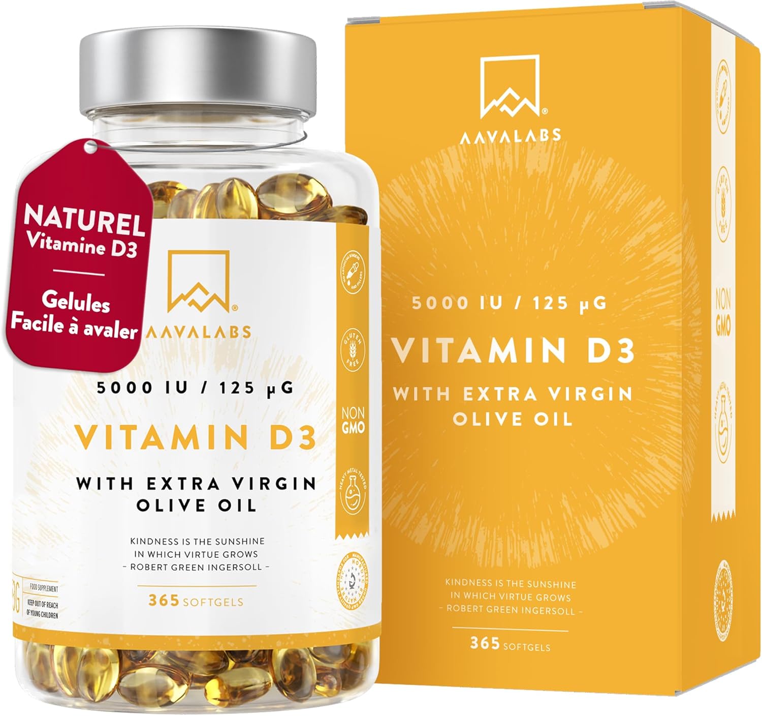 Vitamine D3 Naturelle Haute Concentration 5000 UI - Vitamine D avec Huile d’Olive Extra Vierge pour Absorption Optimale - Vitamines pour les Fonctions Osseuse, Musculaire, Immunitaire - 365 Gélules