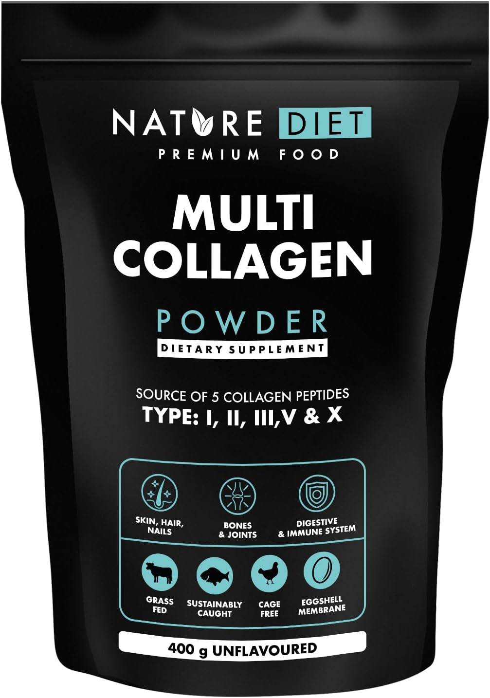 Multi Collagène en poudre sans saveur 400G, Peptides de collagène hydrolysés hautement biodisponibles de Type : I, II, III, V et X, contiens collagen marin Sans saveur 400 g