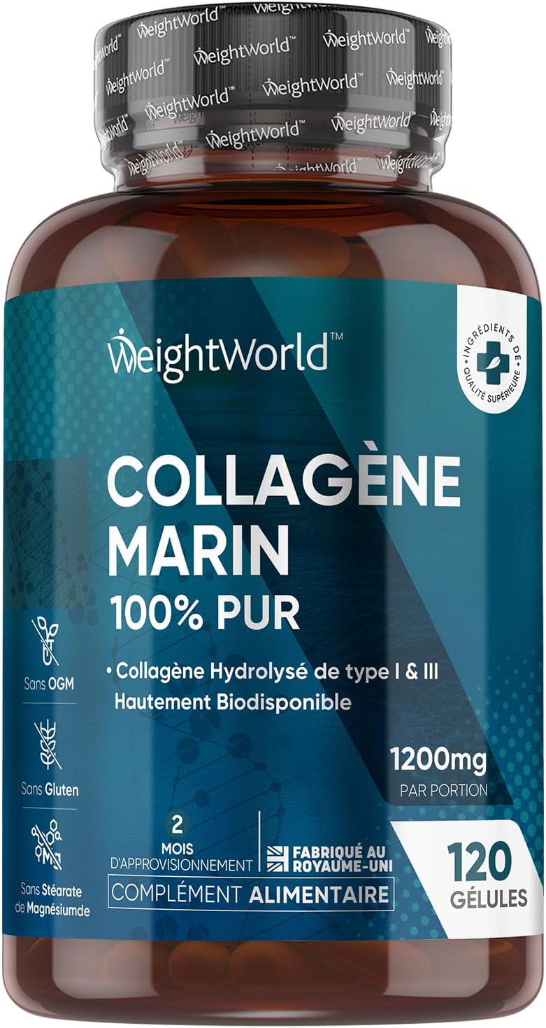 Collagène Marin Hydrolysé 100% Pure Type 1 et 3, 1200mg 120 Gélules, Peptides de Collagène Hydrolysé Alternative À La Poudre, Sans OGM, Sans Gluten et Sans Stéarate de Magnésium