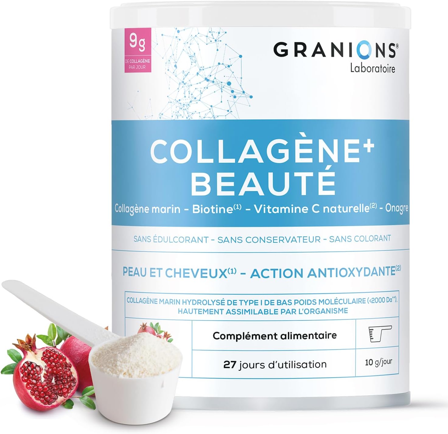 COLLAGENE BEAUTE - GRANIONS Collagène N°1 en Pharmacies - COLLAGENE MARIN en Poudre - Collagene et Acide Hyaluronique - Beauté Peau et Cheveux - Saveur Grenade- Collagene Poudre 275g