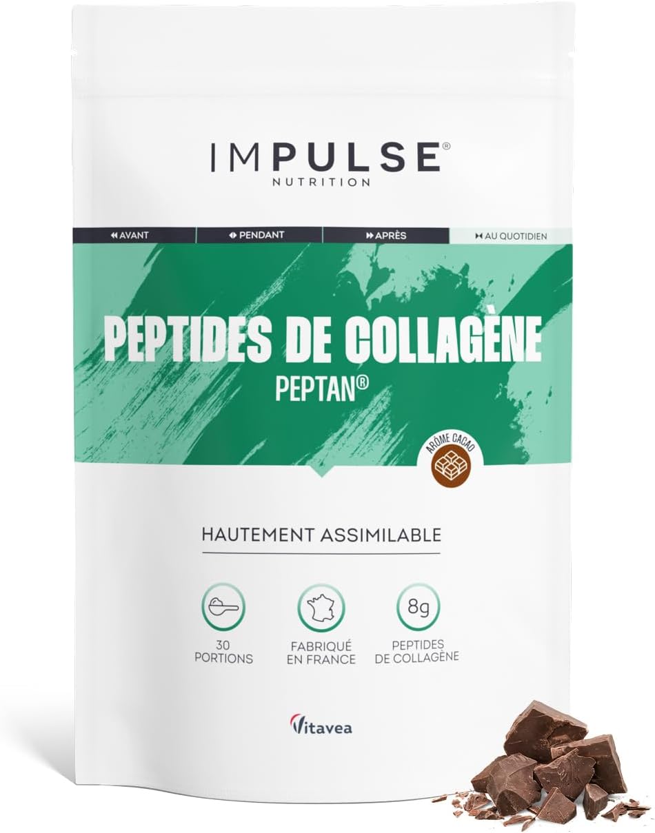 Peptides de Collagène Peptan 300g - Complément alimentaire avec Collagène Bovin - Articulations, Récupération, Peau - Sport et Mobilité - Goût Chocolat - Fabriqué en France - IMPULSE NUTRITION