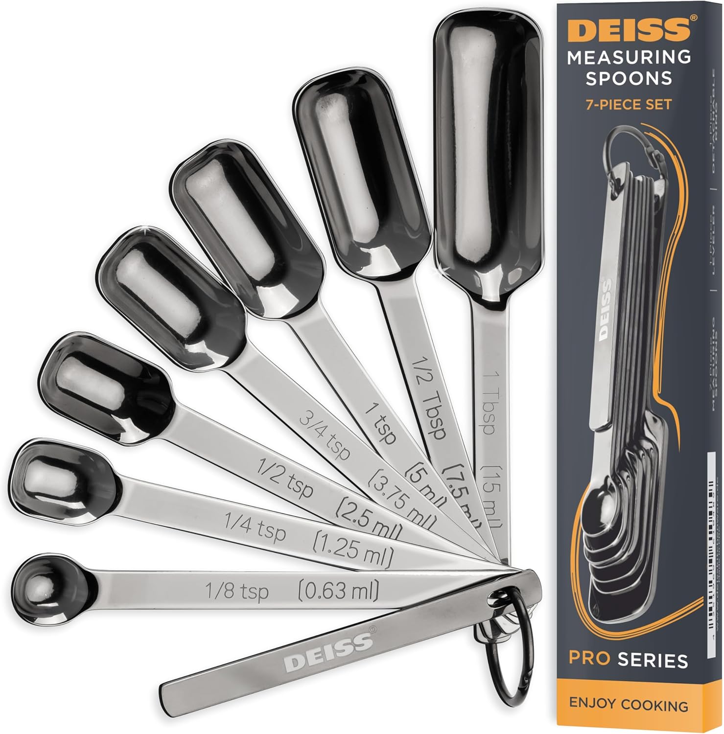 PRO Cuillères-mesures en acier inoxydable pour la cuisine, les épices, les ingrédients secs ou liquides, s'adaptent aux bocaux à épices, lot de 7 cuillères à mesurer avec niveleur