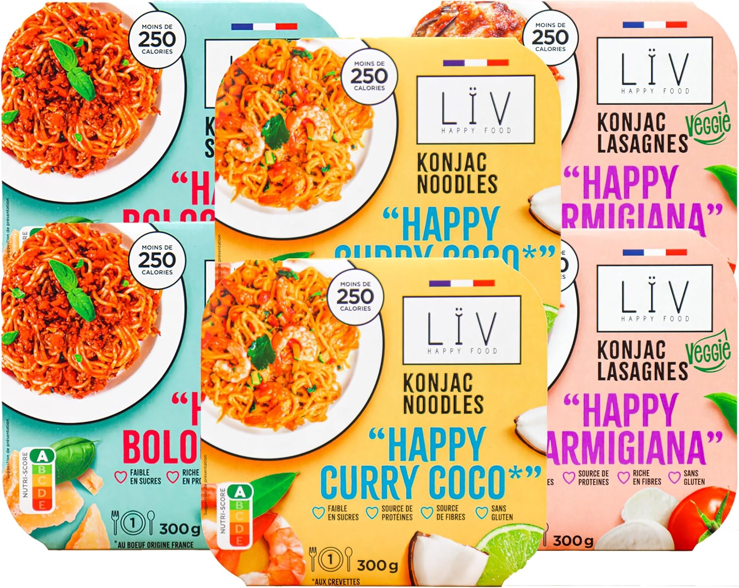 LÏV Happy Food - Assortiments de Plats Cuisinés Individuels - Pâtes sans gluten - Plante Konjac - Pâte de Konjac - Gluten Free, Faible en calorie - 6x300g Assortiments 300 g (Lot de 6)
